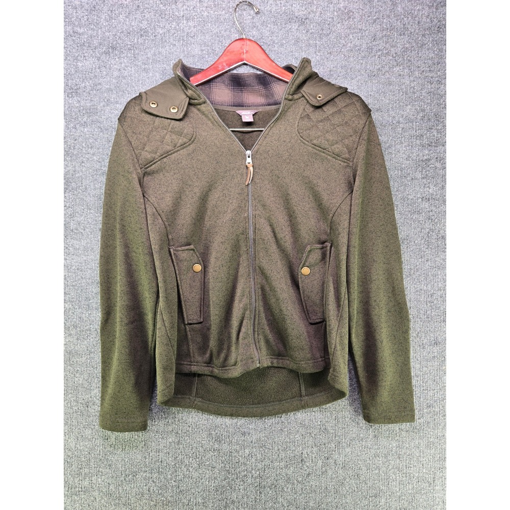 Eddie Bauer Womens Olive Green Quilted Fleece Full Zip Detachable Hood Jacket L